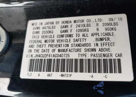 2010 Acura Tsx 2.4 from USA, damaged, VIN JH4CU2F61AC040725